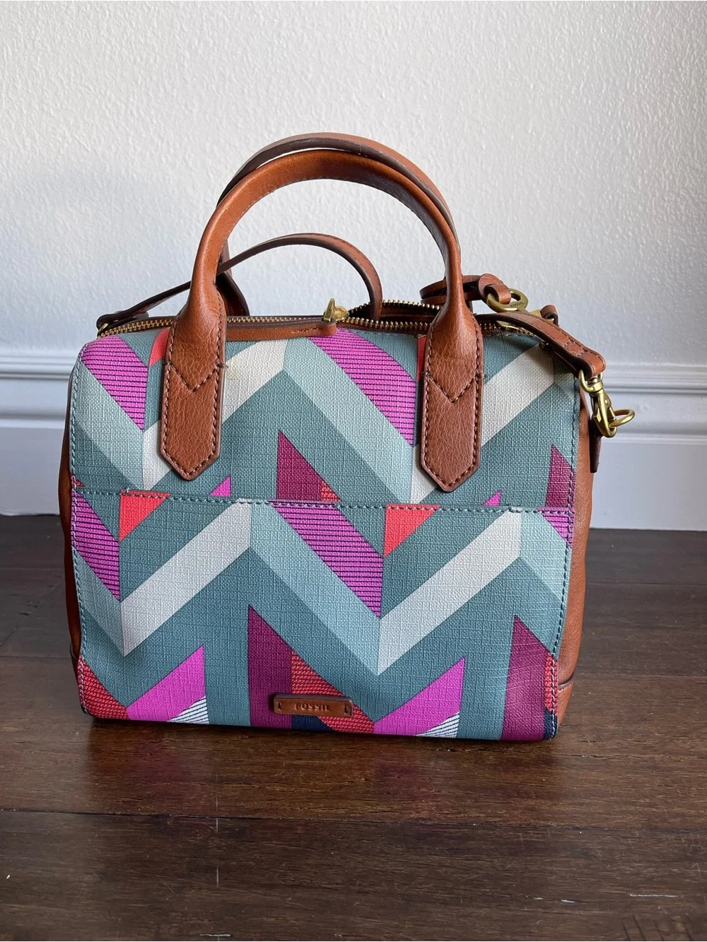 Fossil Chevron Pattern Mini Satchel in Pink, Red, Gray & Brown